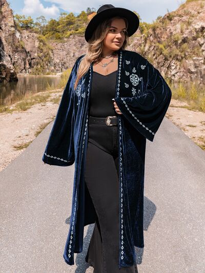 Plus Size Embroidery Open Front Long Sleeve Cardigan 