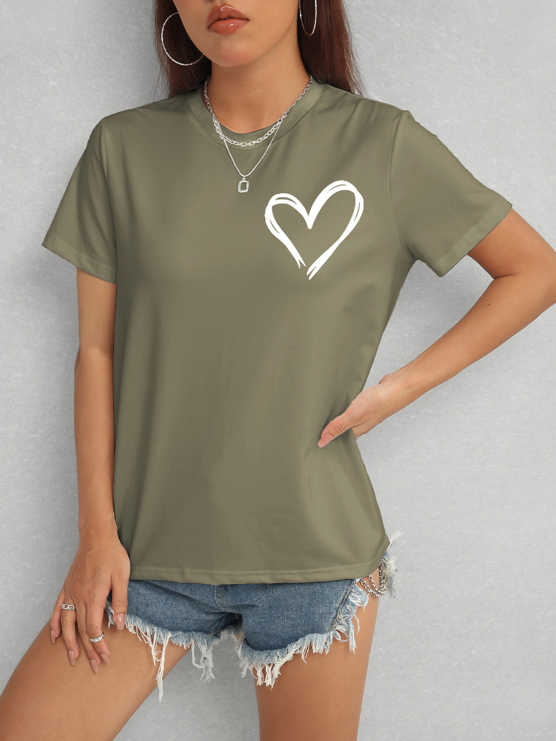 Heart Round Neck Short Sleeve T-Shirt 