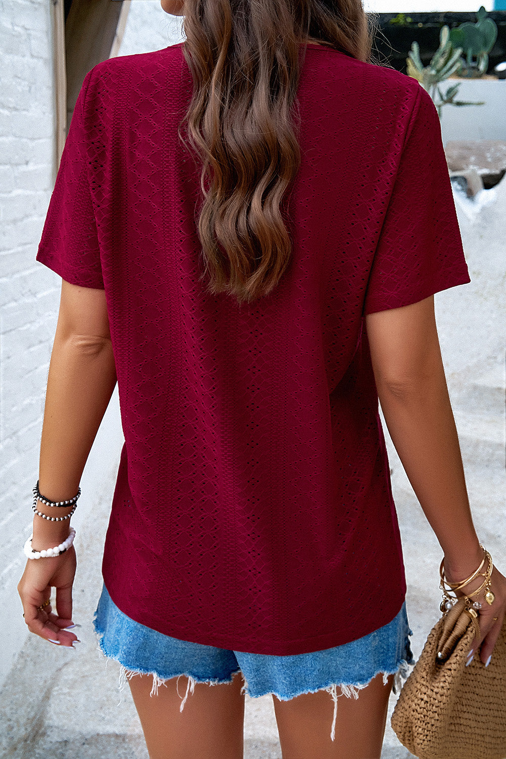 Eyelet Decorative Button V-Neck T-Shirt 