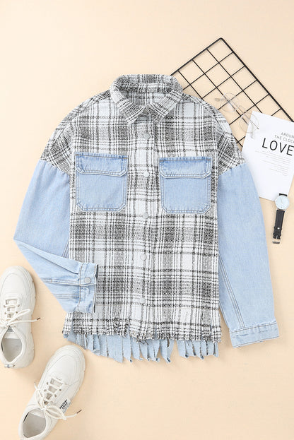 Plaid Pocketed Snap Down Denim Jacket 