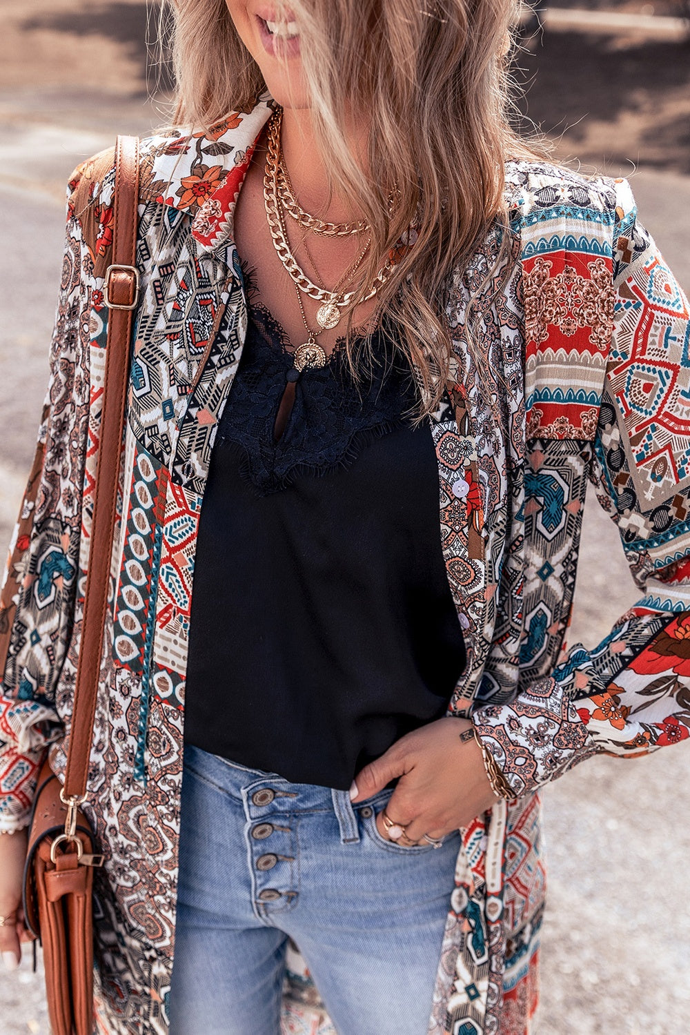 Printed Open Front Collared Neck Cardigan 