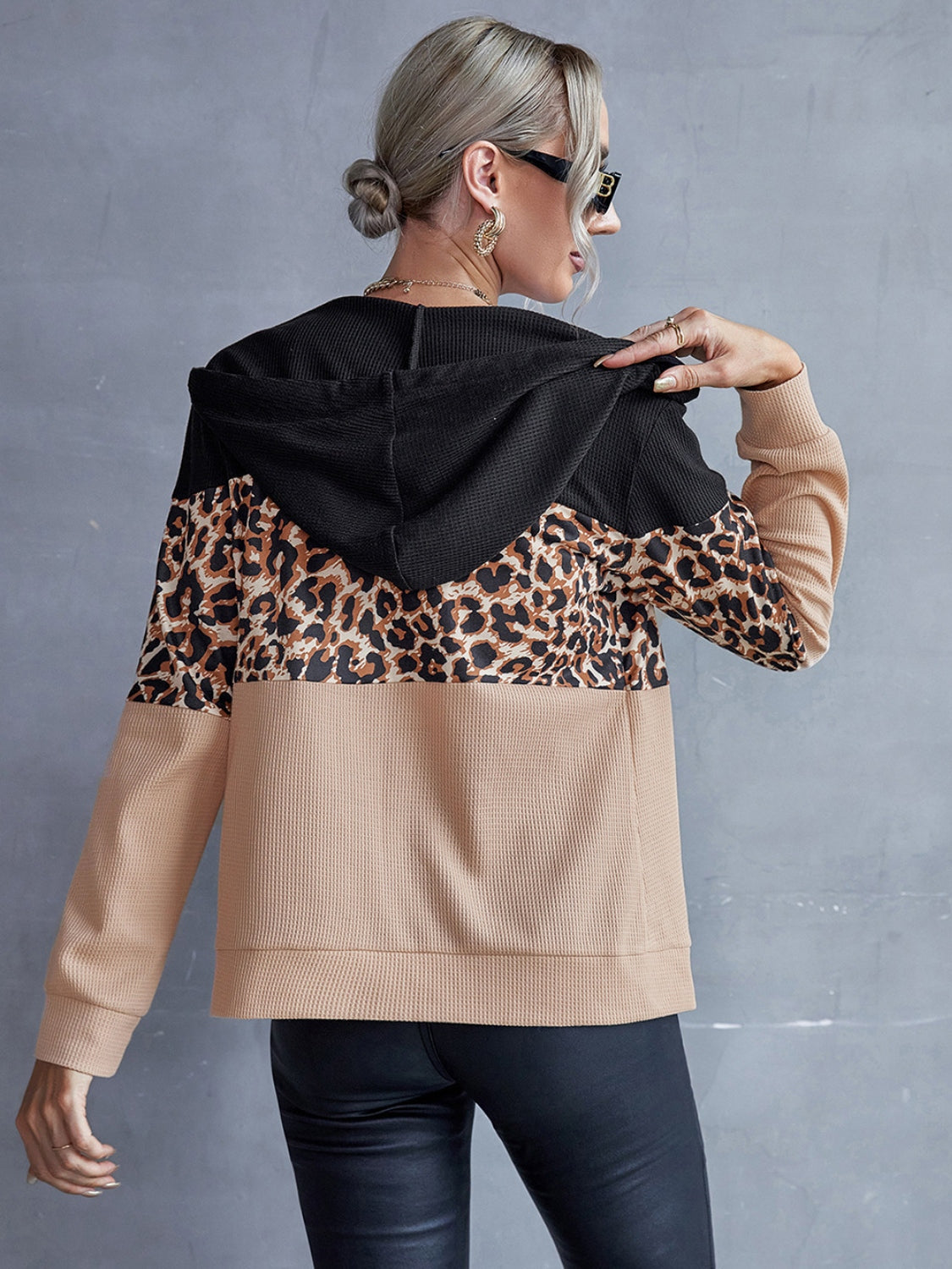 Drawstring Leopard Zip Up Hooded Jacket 