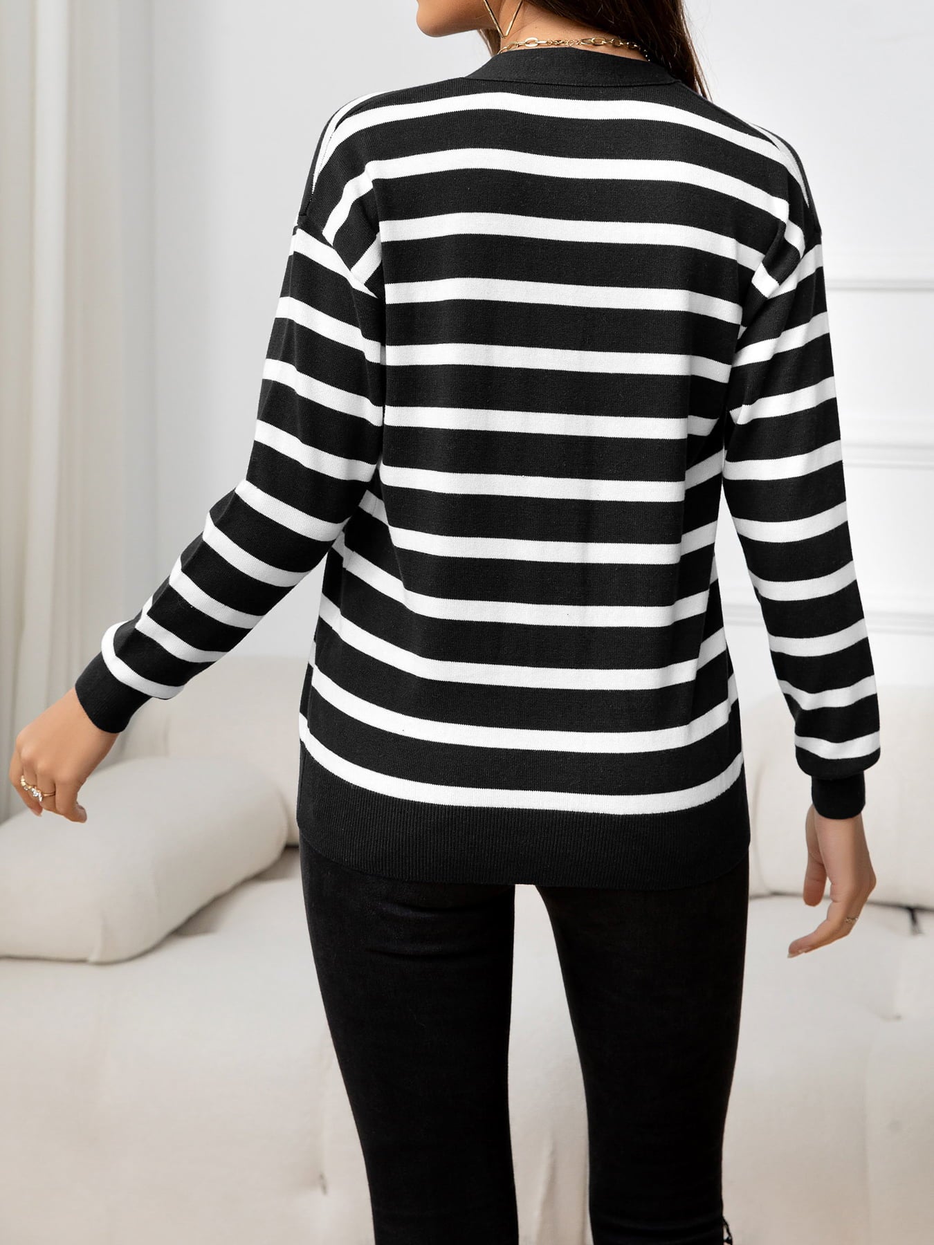 Striped Dropped Shoulder V-Neck Knit Top 