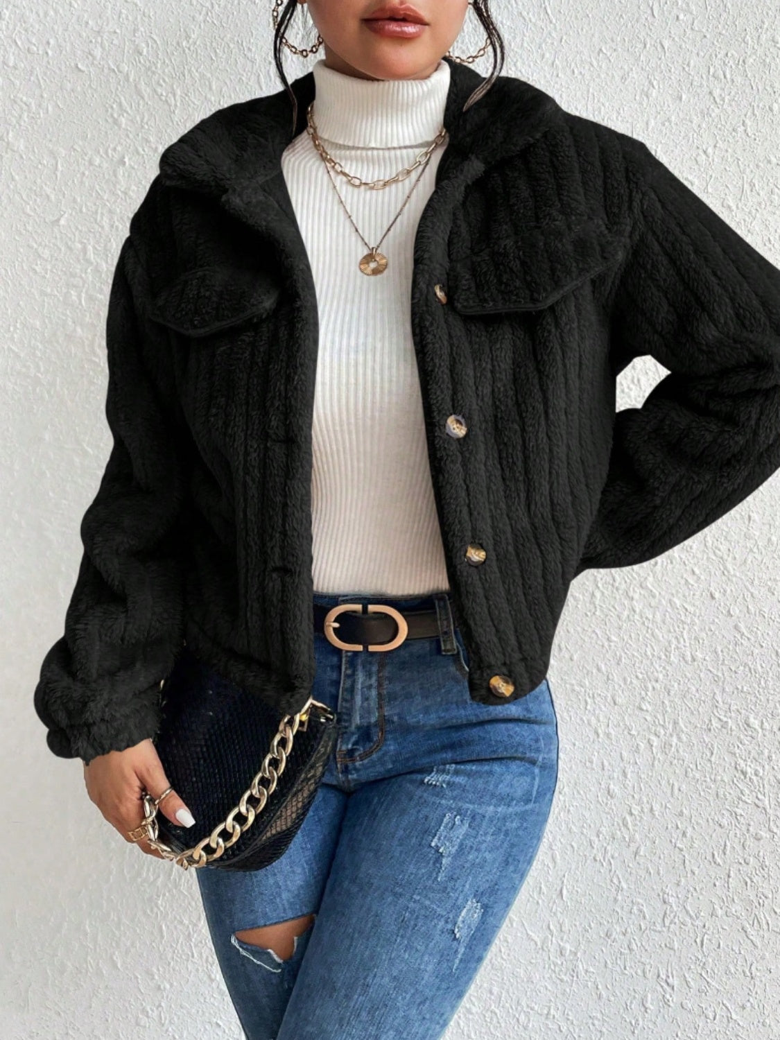 Fuzzy Button Up Collared Neck Jacket 