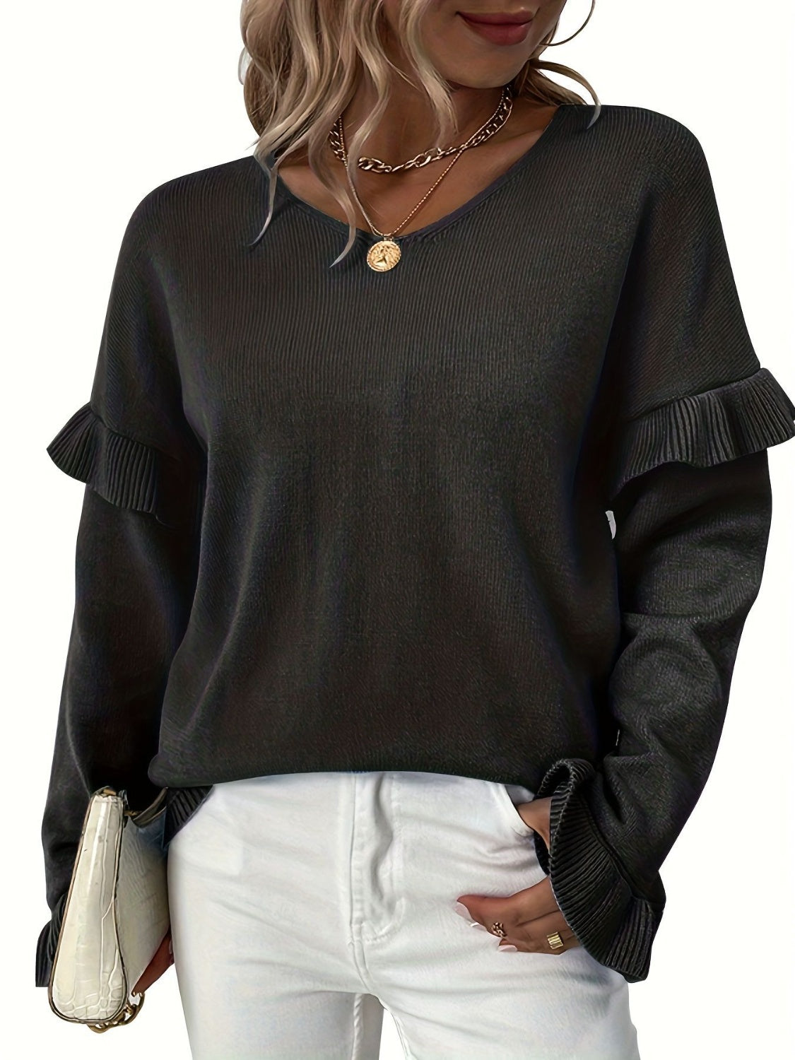 V-Neck Ruffle Trim Long Sleeve Sweater 