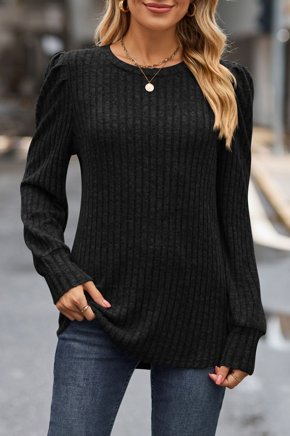 Ribbed Round Neck Long Sleeve Knit Top 