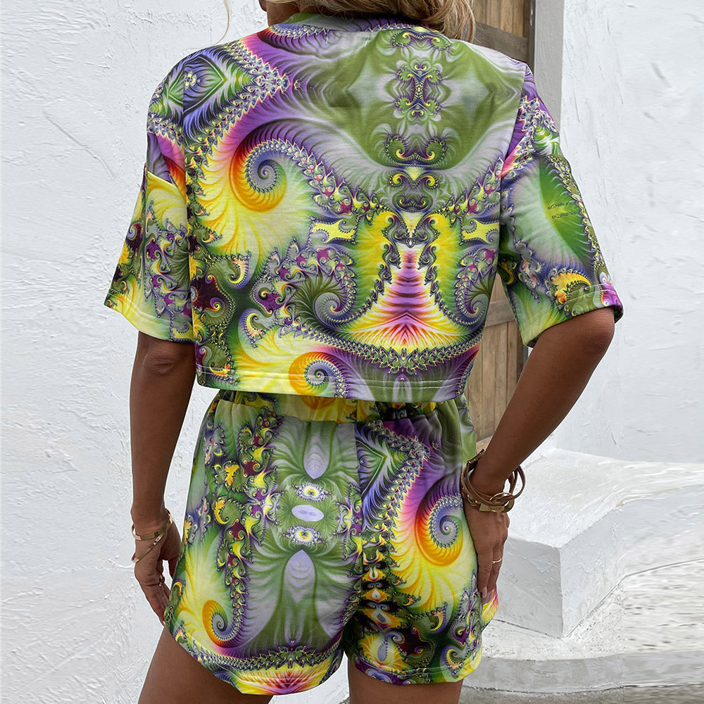 Printed Round Neck Dropped Shoulder Half Sleeve Top and Shorts Set 