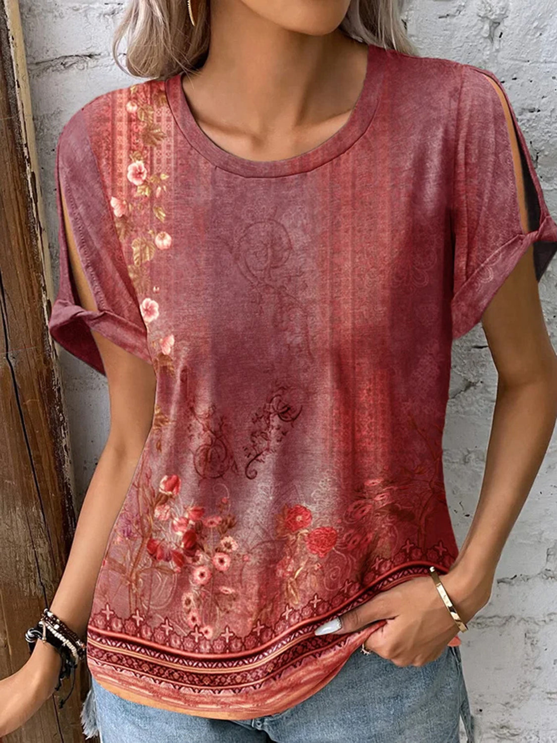 Printed Round Neck Short Sleeve T-Shirt - Babbazon Camisole