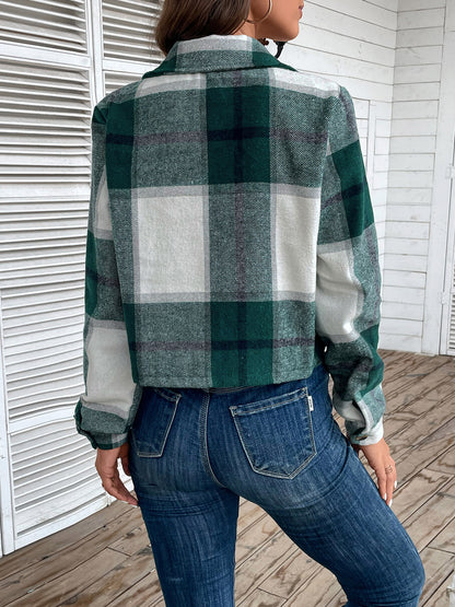 Plaid Collared Neck Button Up Long Sleeve Jacket 