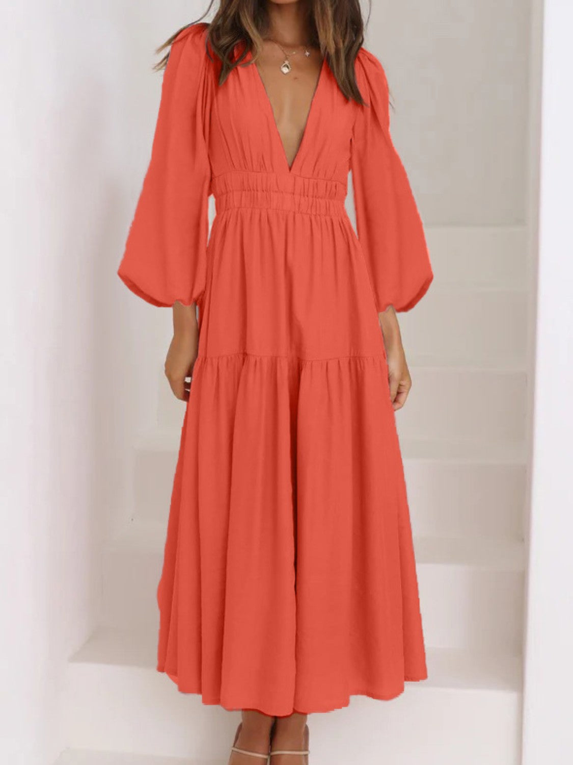 Deep V-Neck Balloon Sleeve Plain Maxi Dress - Babbazon Midi Dress