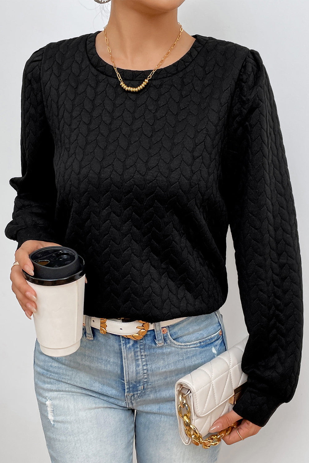 Texture Round Neck Long Sleeve Sweatshirt 