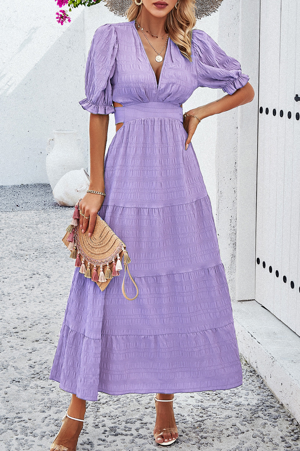 Tie Back Short Sleeve Tiered Dress 