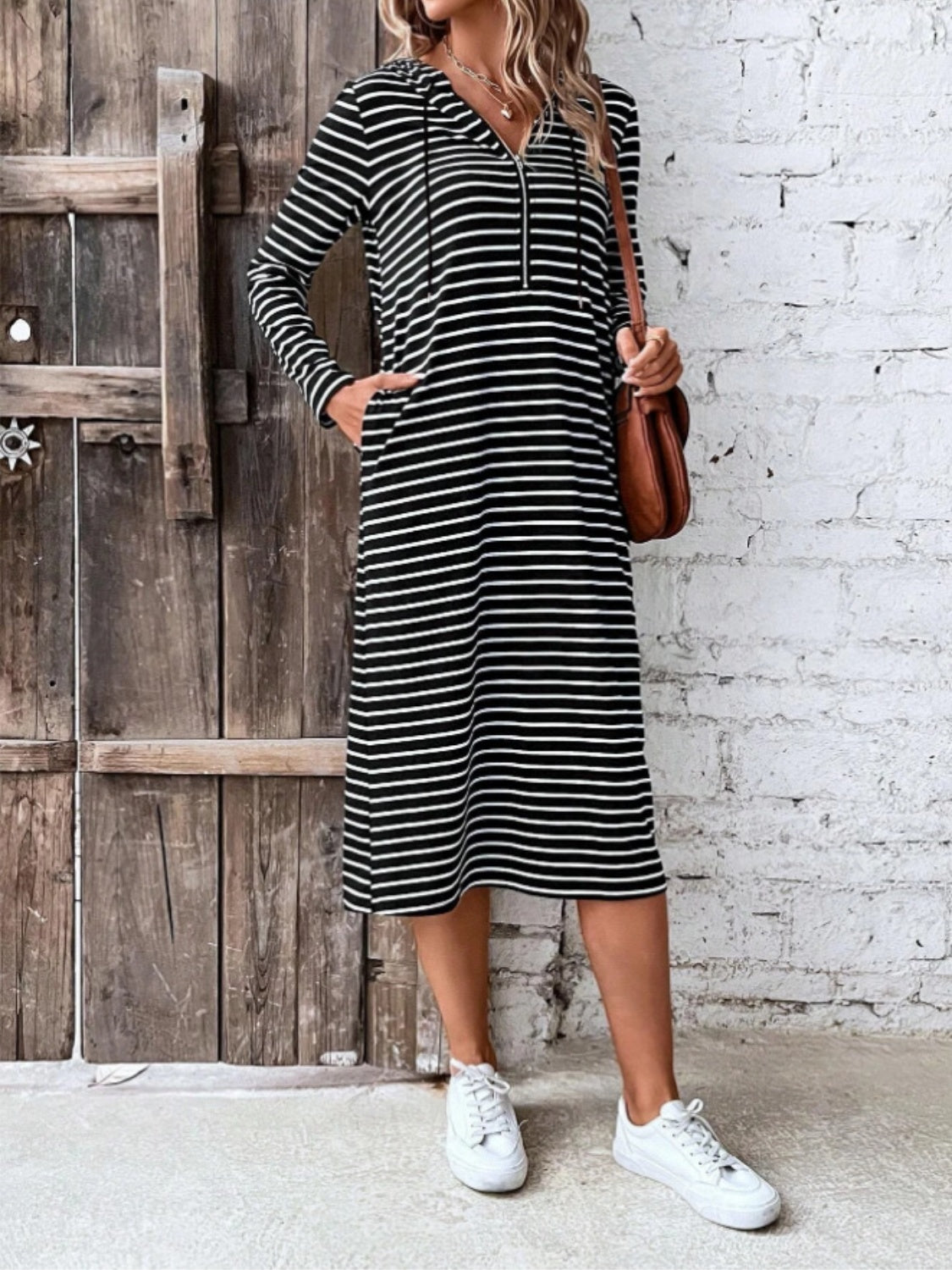 Striped Zip Front Hooded Dress 