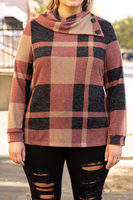 Plus Size Plaid Cowl Neck Long Sleeve Sweatshirt 