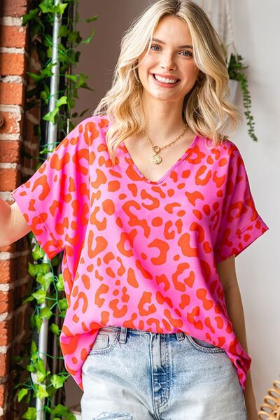 First Love Leopard V-Neck Short Sleeve Woven Top 