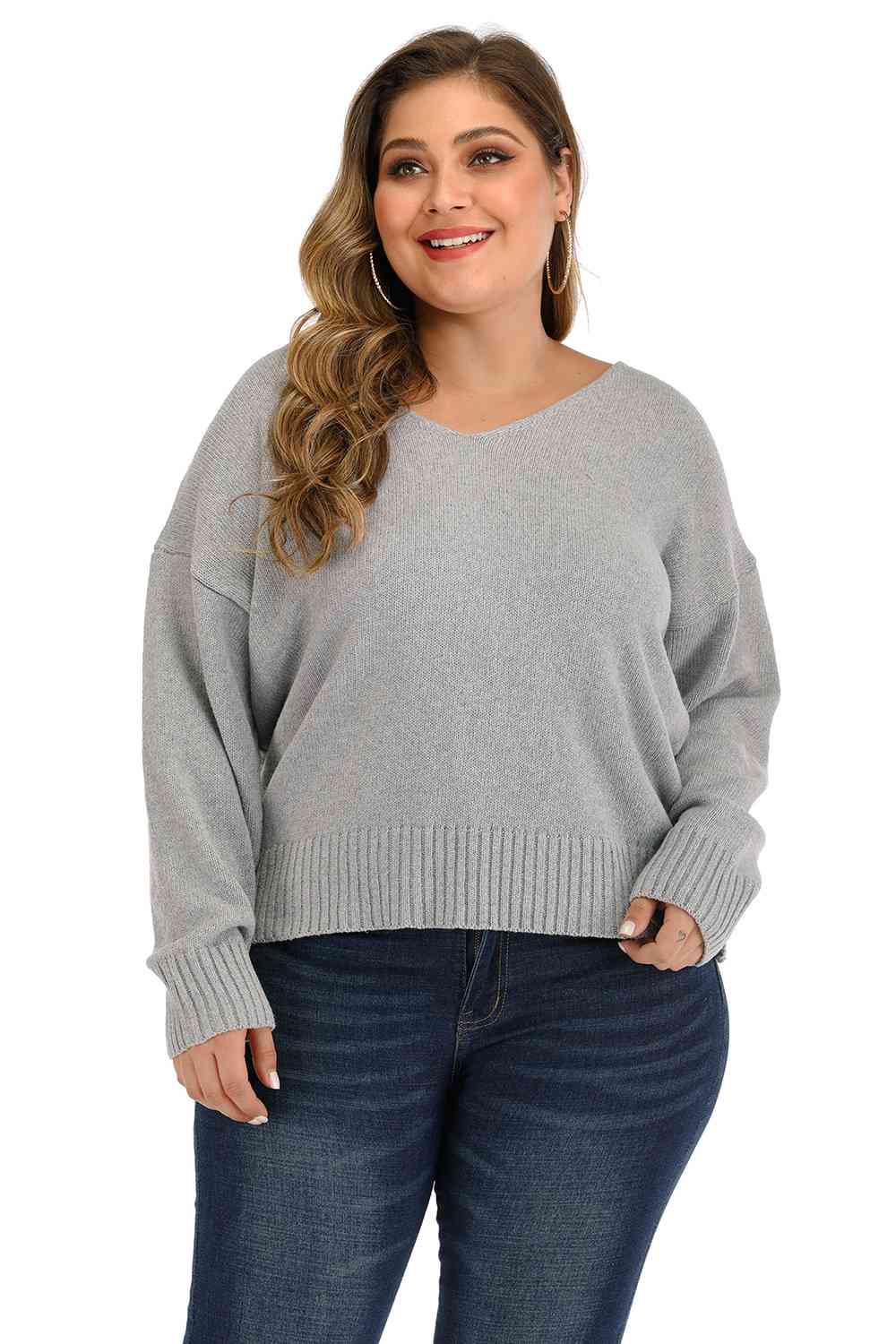 Plus Size V Neck Pullover Sweater 