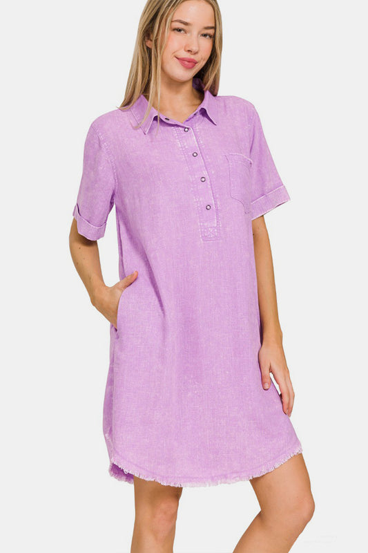 Zenana Washed Linen Raw Hem Dress with Pockets 