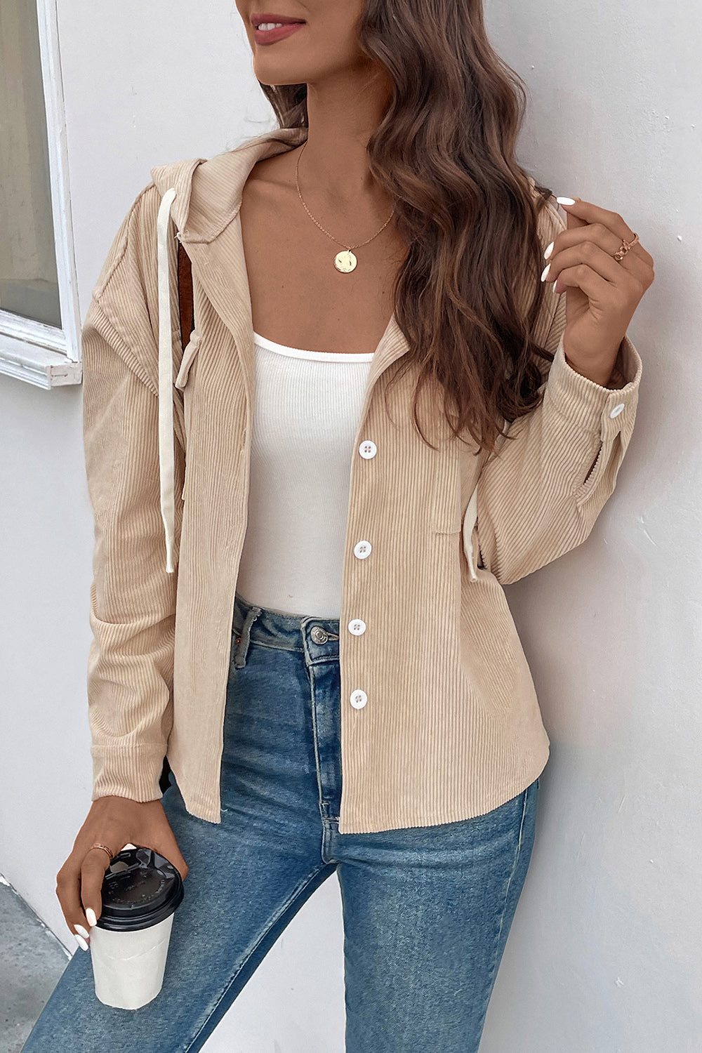 Ribbed Button Up Drawstring Hooded Jacket 