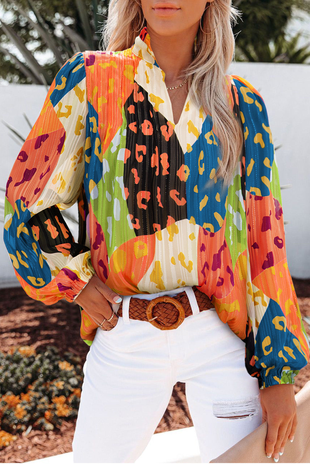 Printed Notched Long Sleeve Blouse - Babbazon Tops