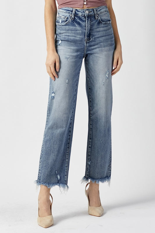 RISEN High Waist Raw Hem Straight Jeans - Babbazon t-shirt