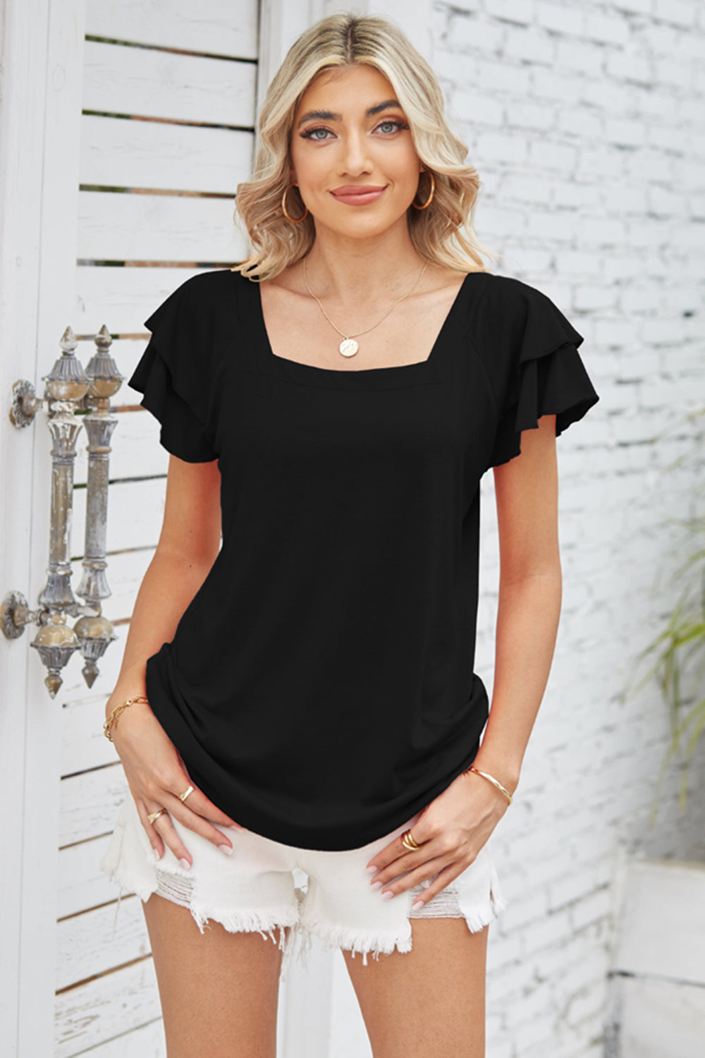 Square Neck Flutter Sleeve T-Shirt 