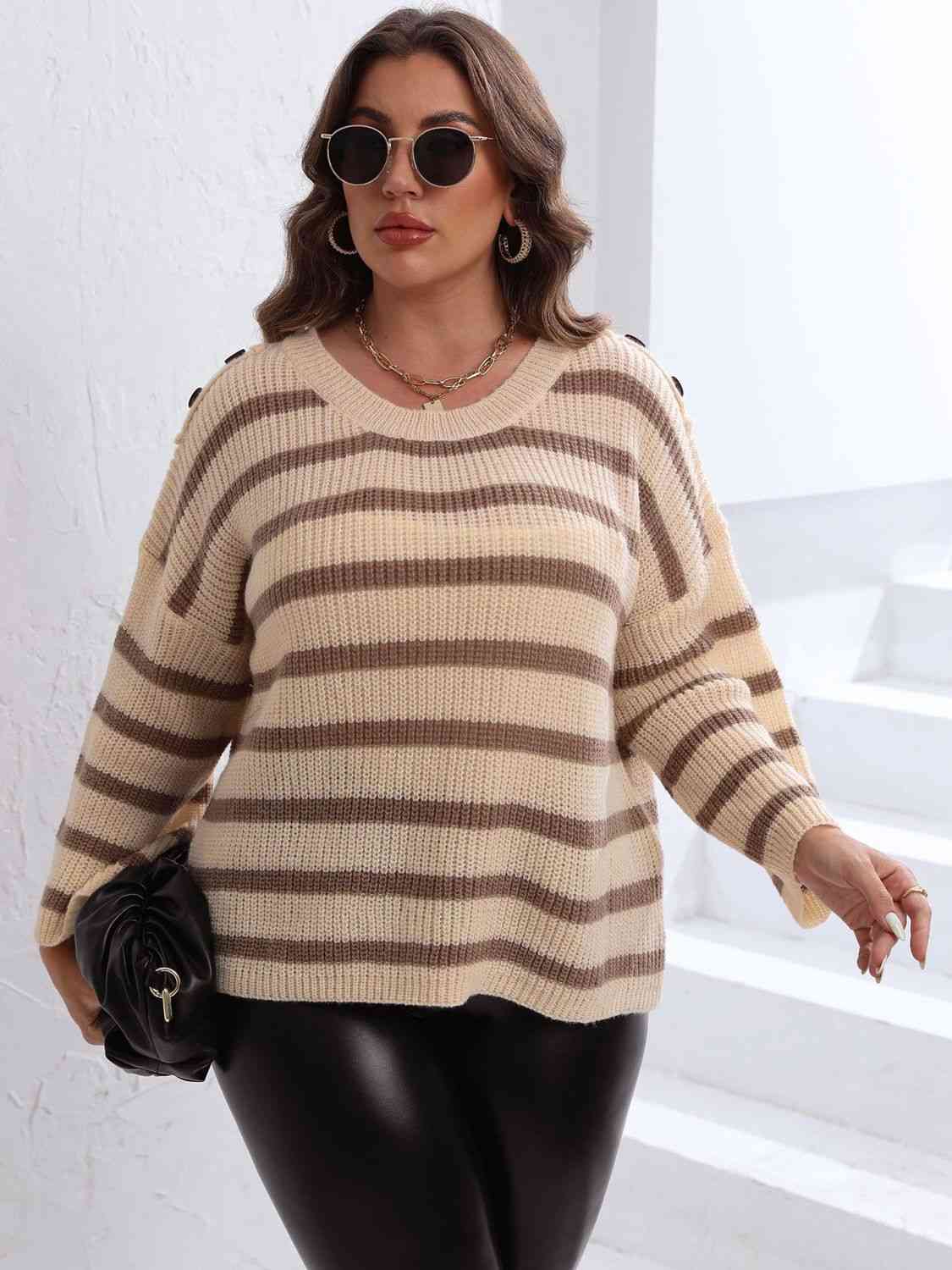 Plus Size Striped Dropped Shoulder Sweater 