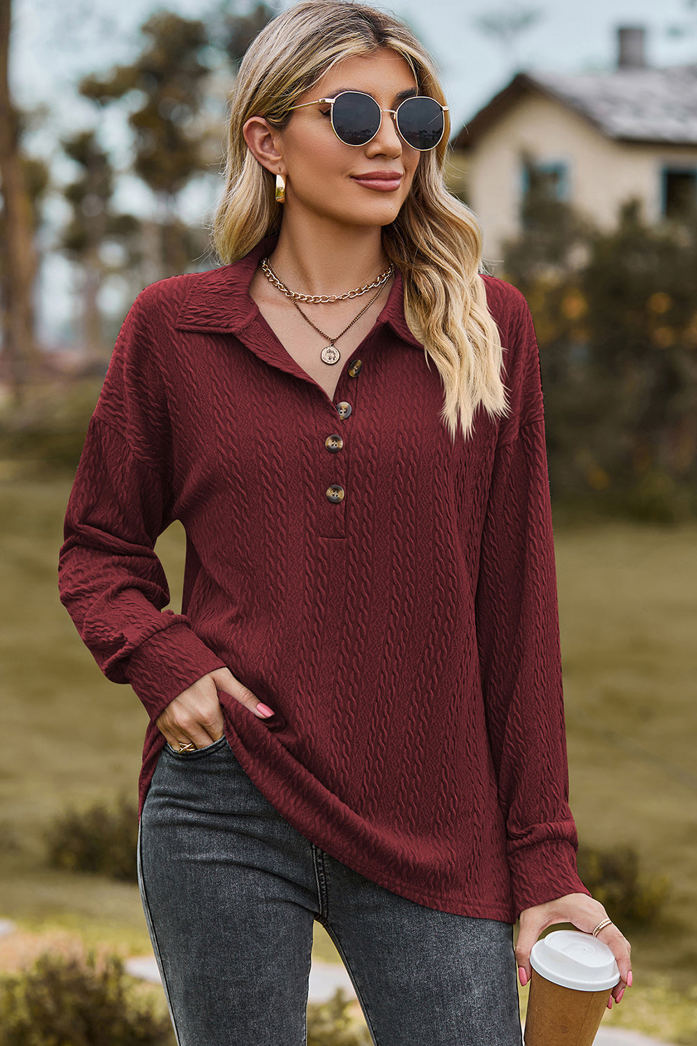 Half Button Dropped Shoulder Blouse 