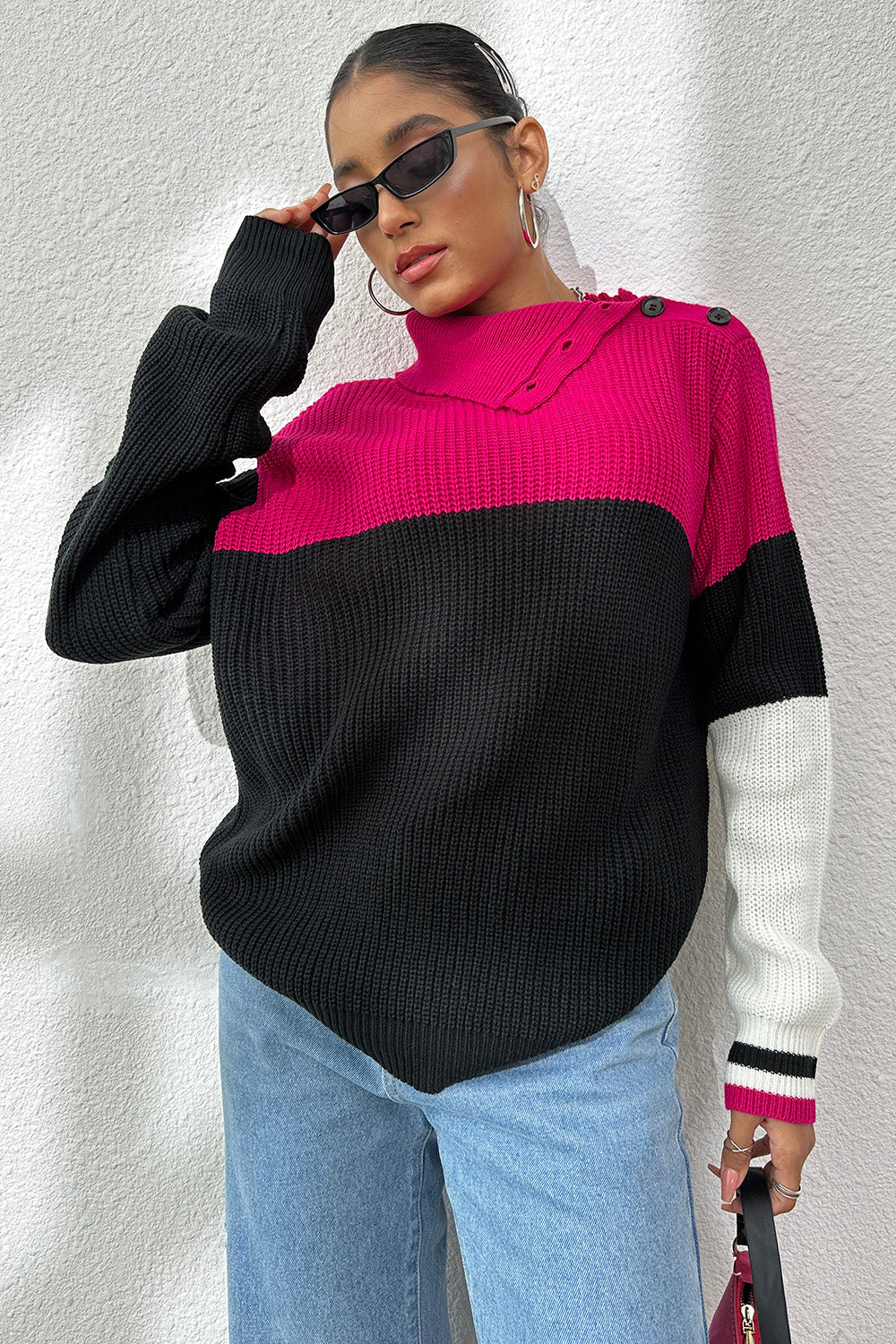 Contrast Buttoned Cutout Long Sleeve Sweater 