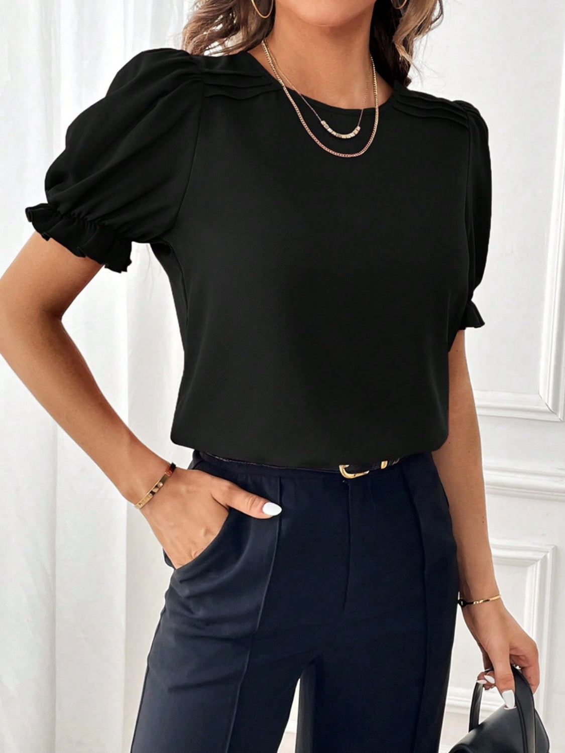 Round Neck Flounce Sleeve Blouse 