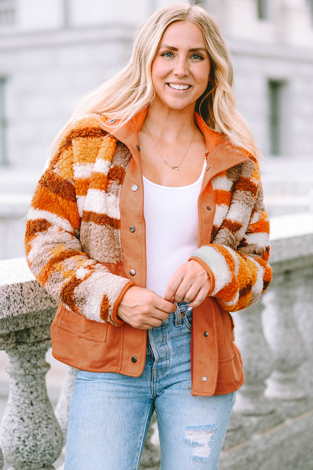 Fuzzy Contrast Snap Down Long Sleeve Jacket 