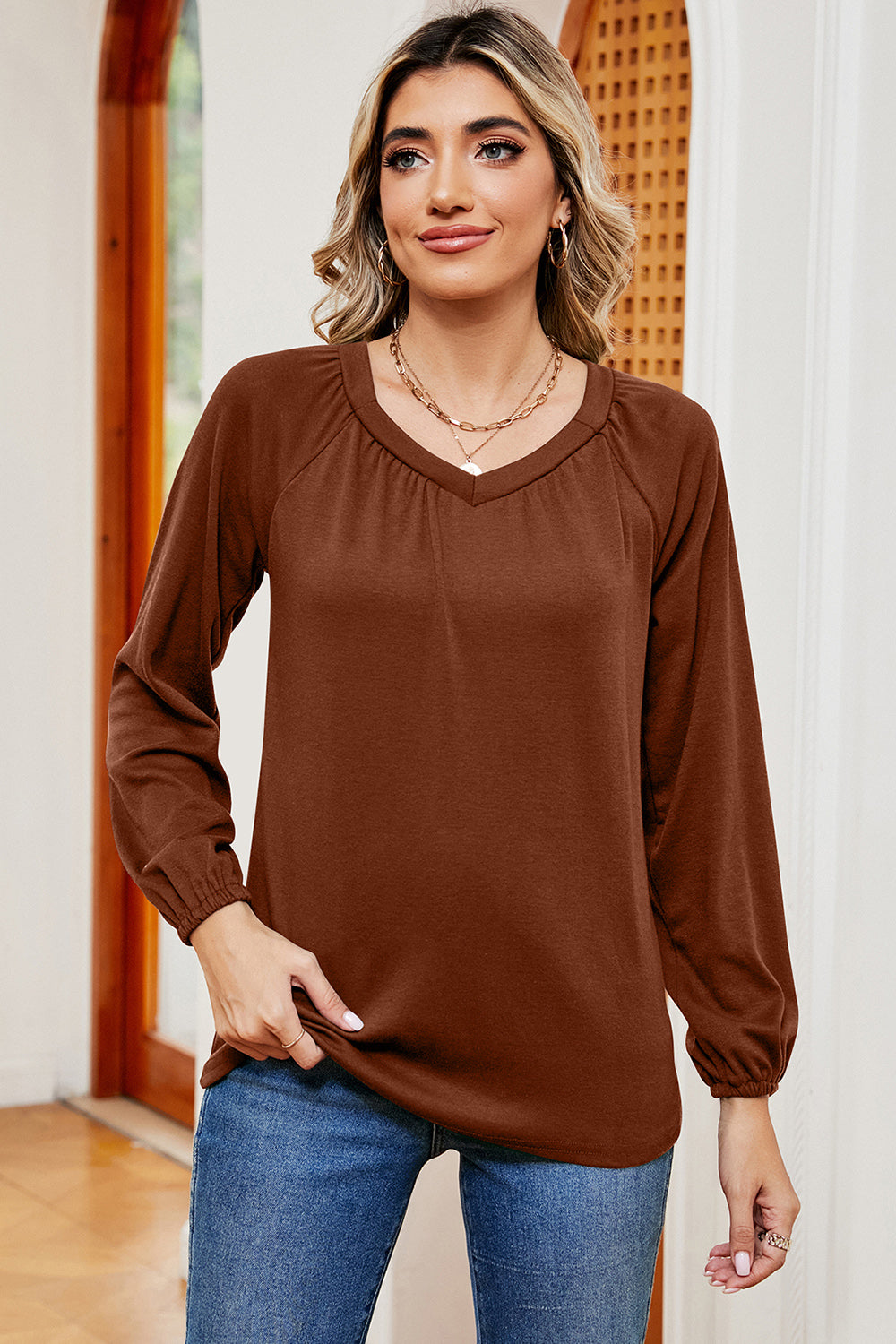 Ruched V-Neck Raglan Sleeve T-Shirt 