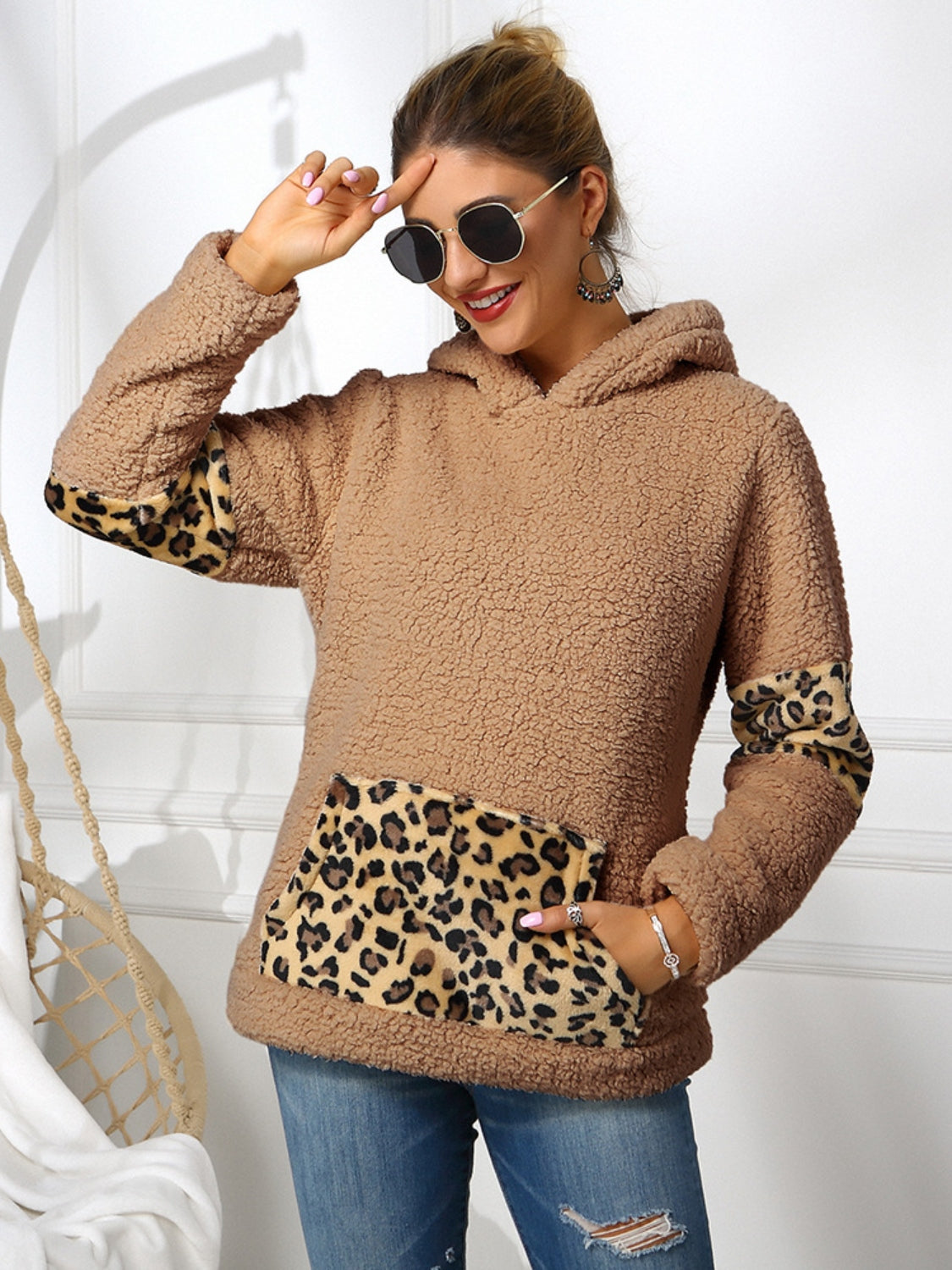 Sherpa Leopard Long Sleeve Hoodie 