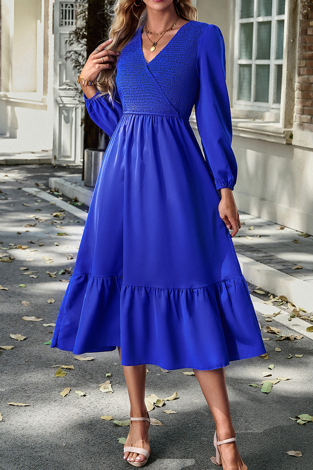 Smocked Surplice Long Sleeve Midi Dress 