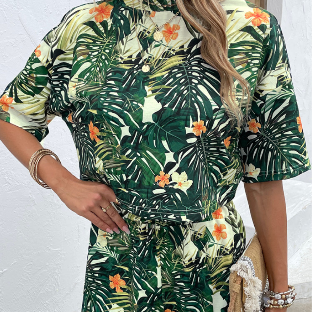 Floral Print Round Neck Dropped Shoulder Half Sleeve Top and Shorts Set 