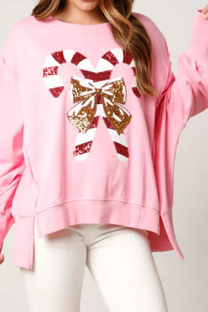 Candy Cane Slit Dropped Shoulder Sweatshirt 