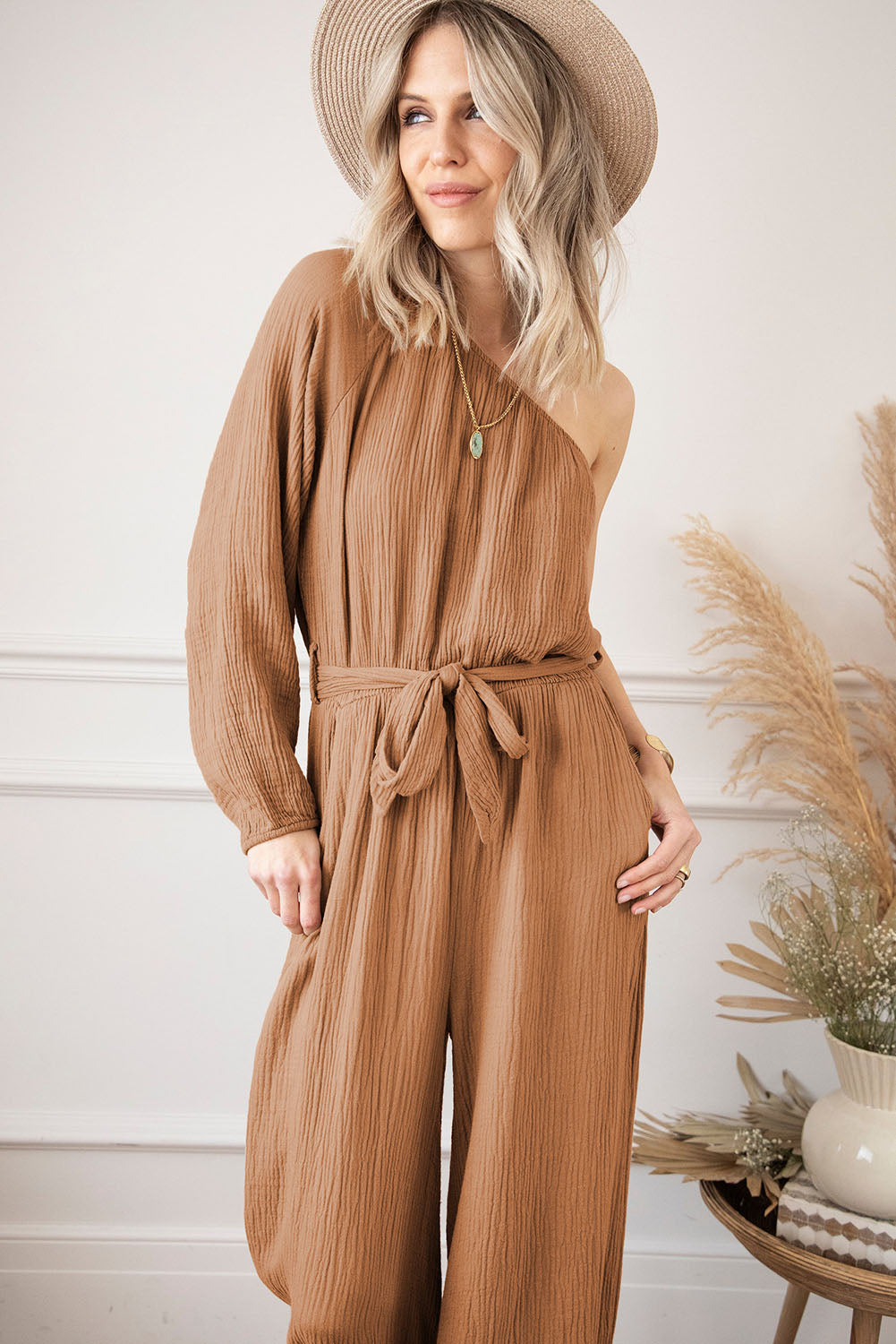 Texture Single Shoulder Tie-Waist Jumpsuit 