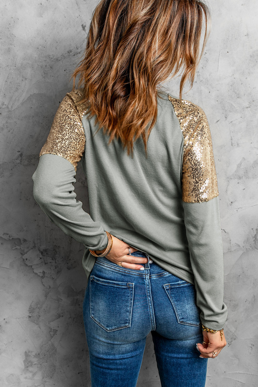 Leopard Sequin Round Neck Long Sleeve Top 