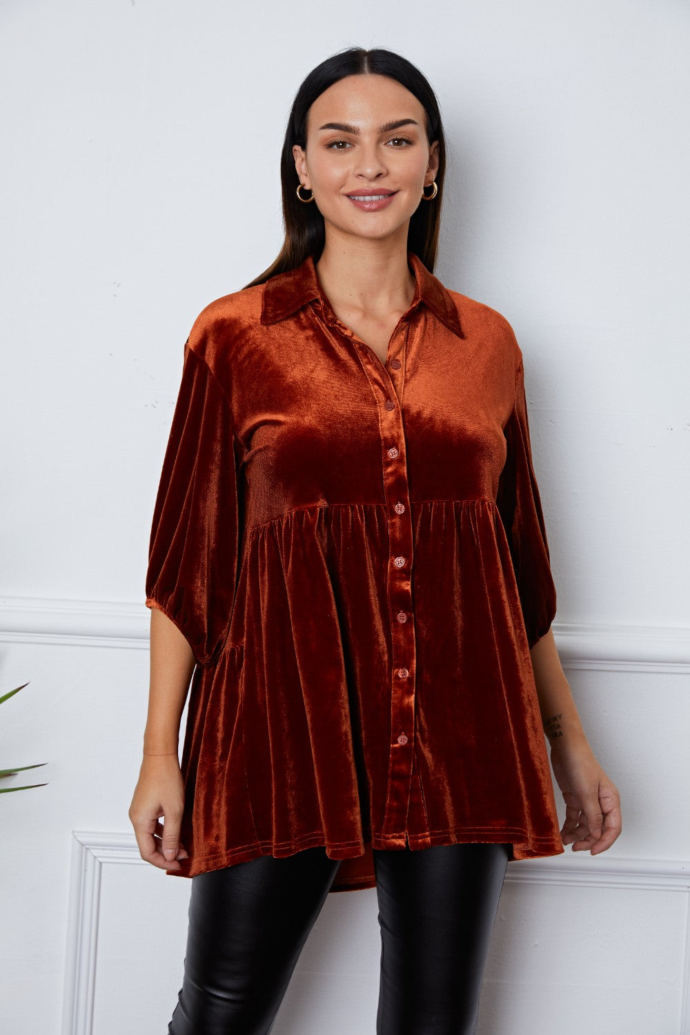 Velvet Tiered Button Up Collared Neck Shirt - Babbazon Tops