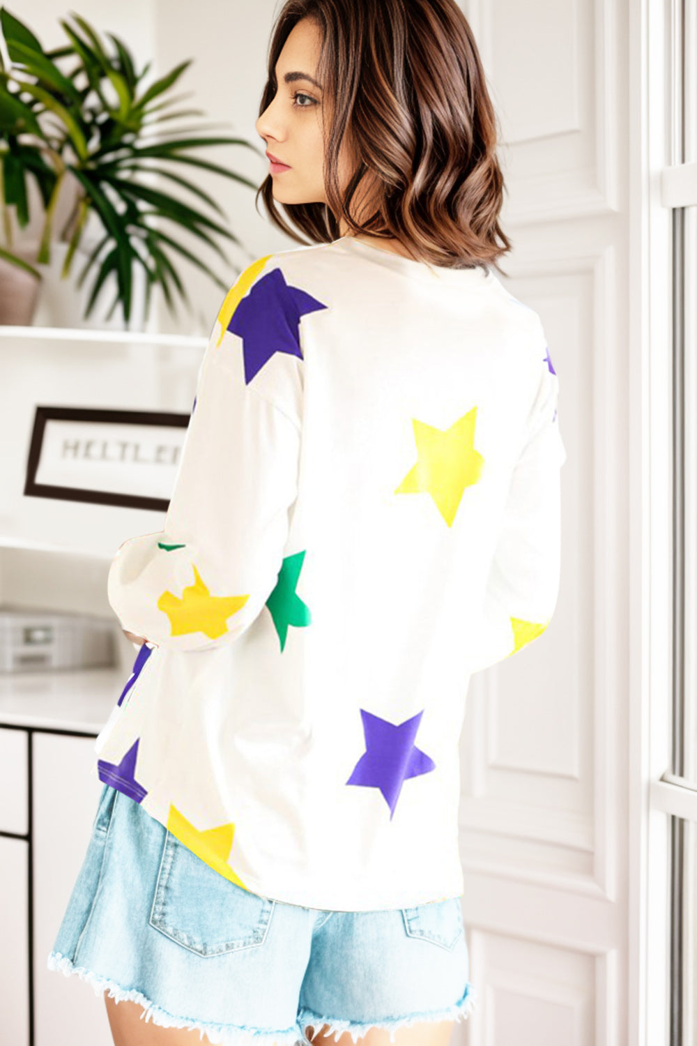 Star Print Round Neck Lantern Sleeve T-Shirt 