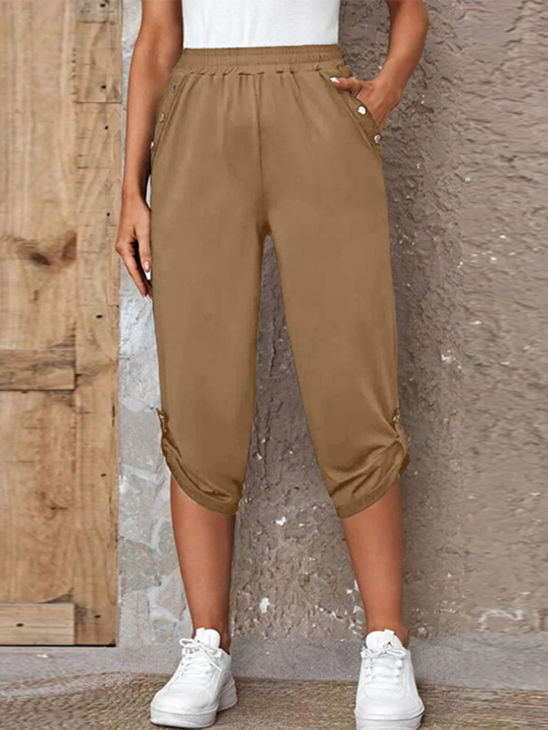 Full Size Roll-Tab Capris Pants - Babbazon