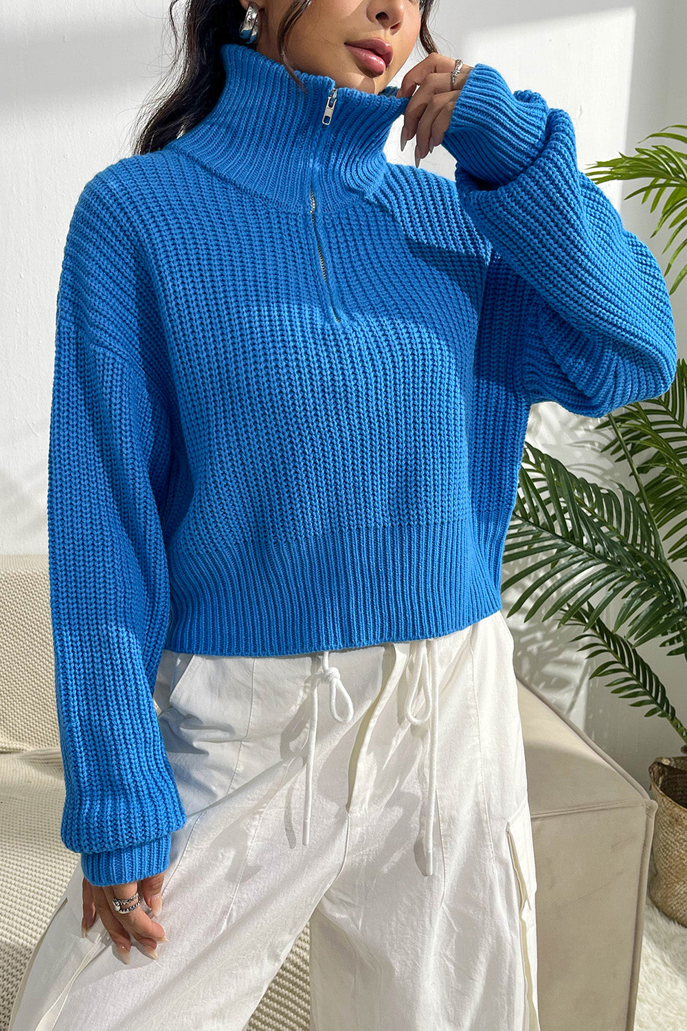 Quarter Zip Dropped Shoulder Sweater 