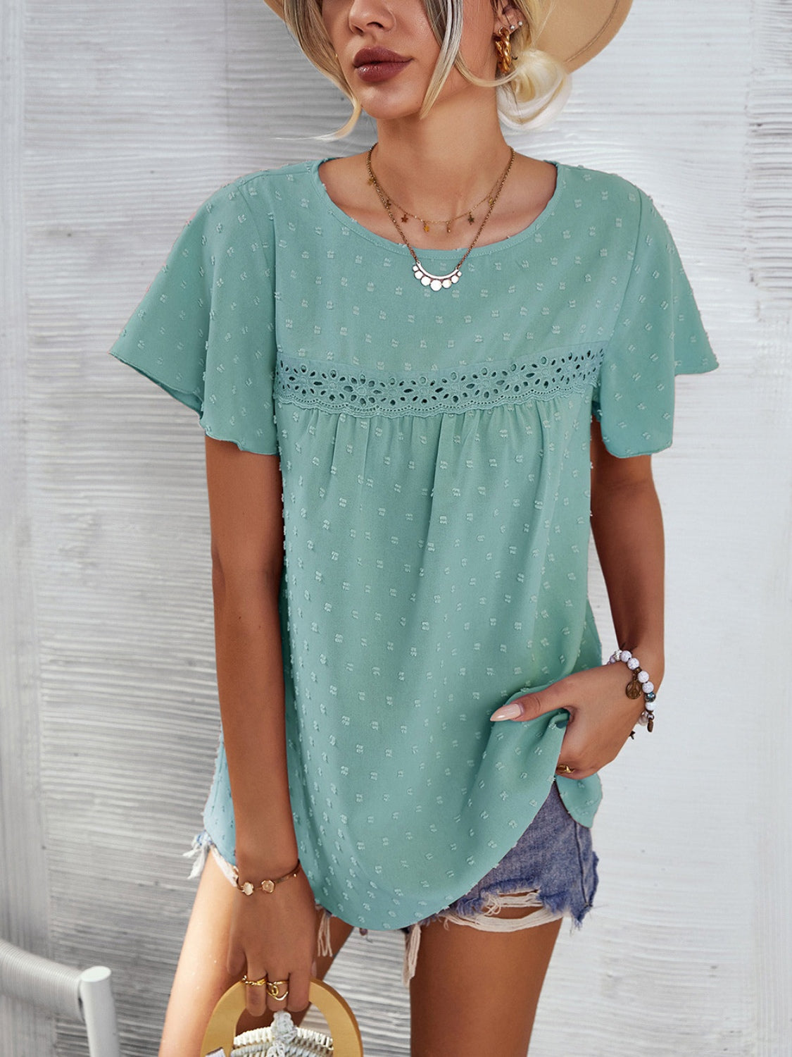 Lace Detail Round Neck Short Sleeve Blouse 