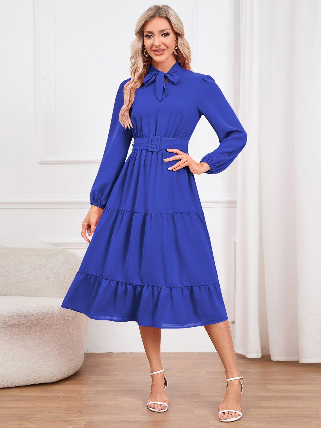 Tie Neck Long Sleeve Tiered Dress 