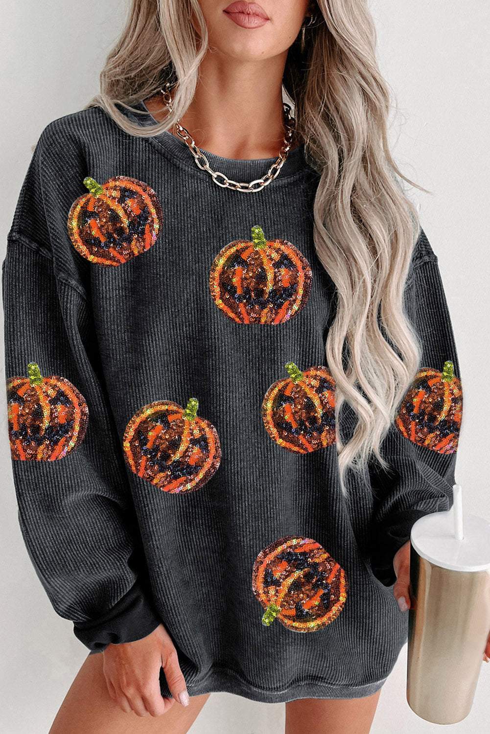 Sequin Patch Pumpkin Round Neck Sweatshirt - Babbazon Sparkly Clothes