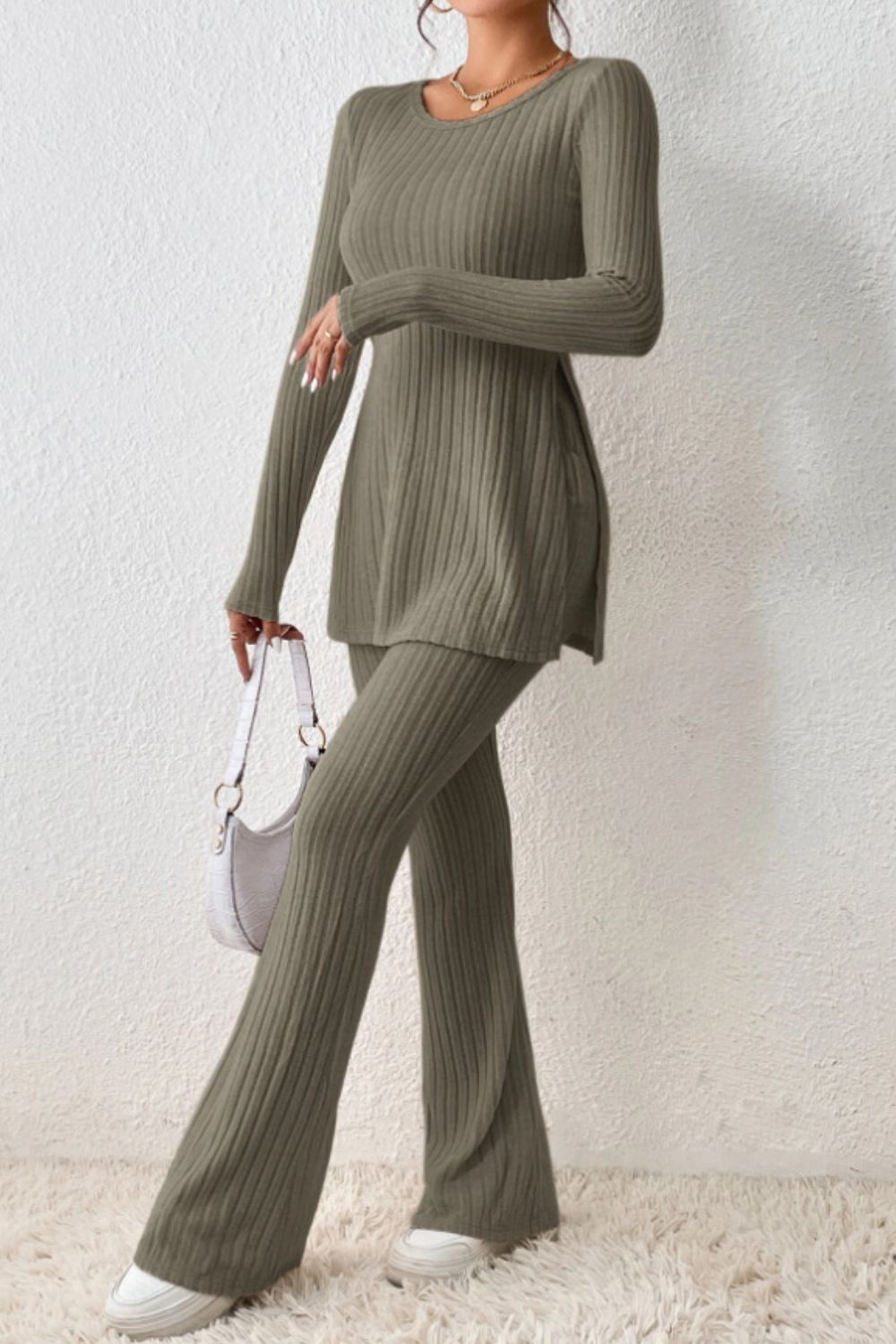 Ribbed Long Sleeve Slit Top and Bootcut Pants Set 