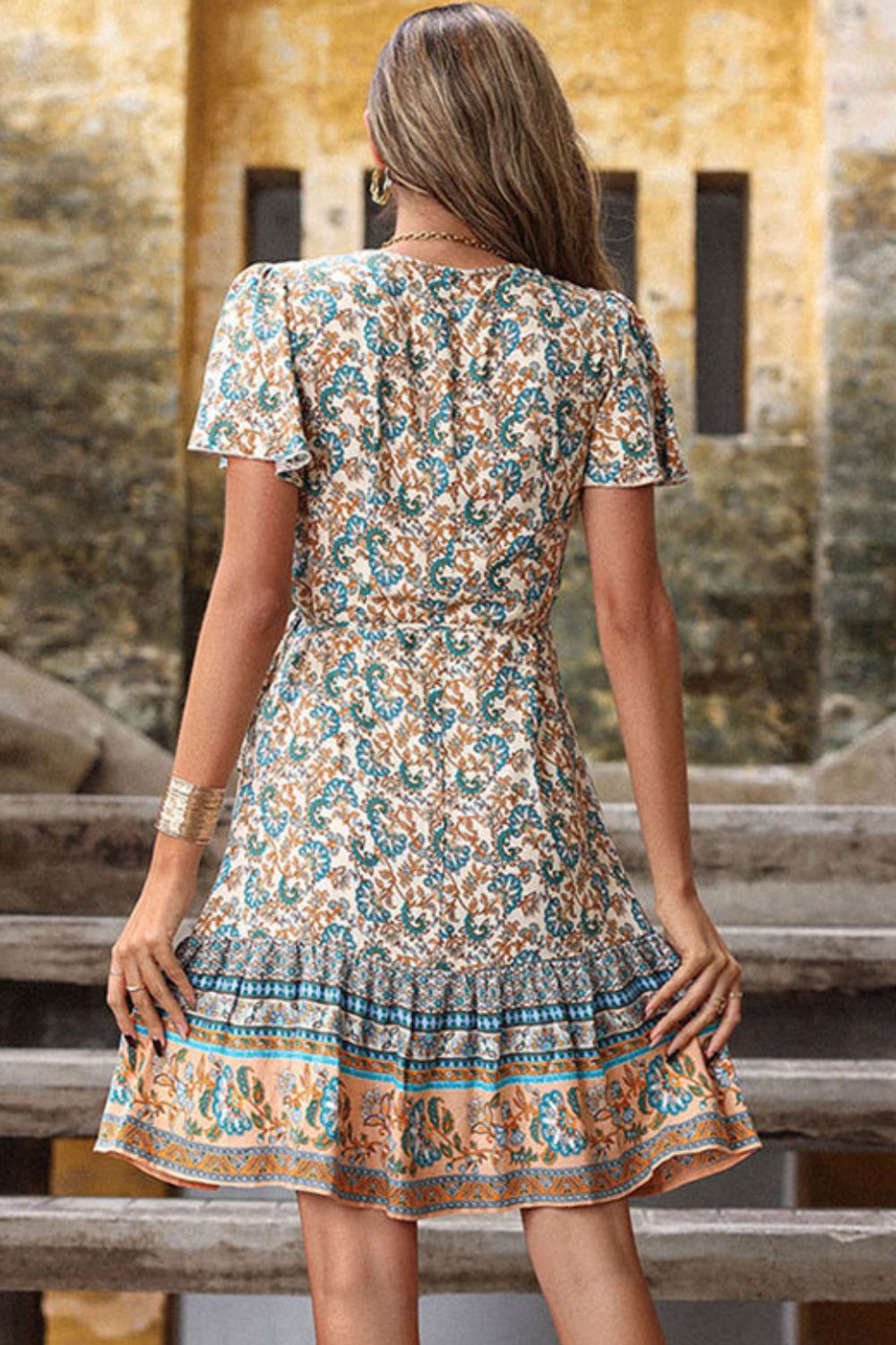 Bohemian Flutter Sleeve Surplice Dress 