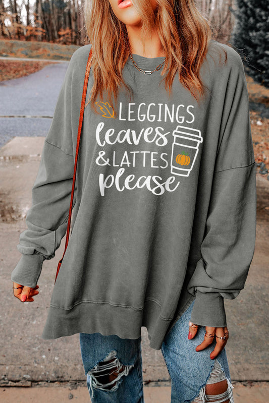 Round Neck Dropped Shoulder LEGGINGS LEAVES LATTES PLEASE Graphic Sweatshirt - Babbazon leggings