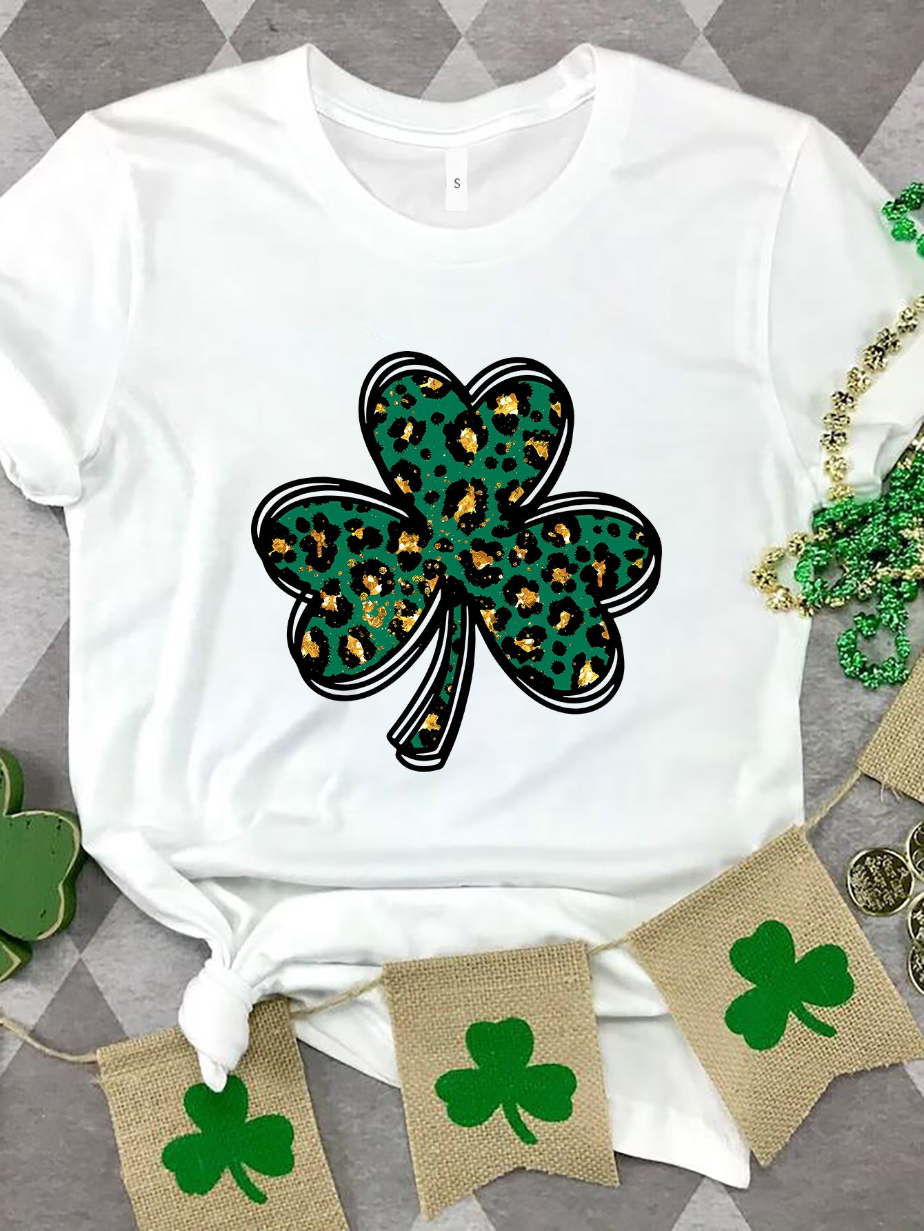 Lucky Clover Round Neck Short Sleeve T-Shirt 