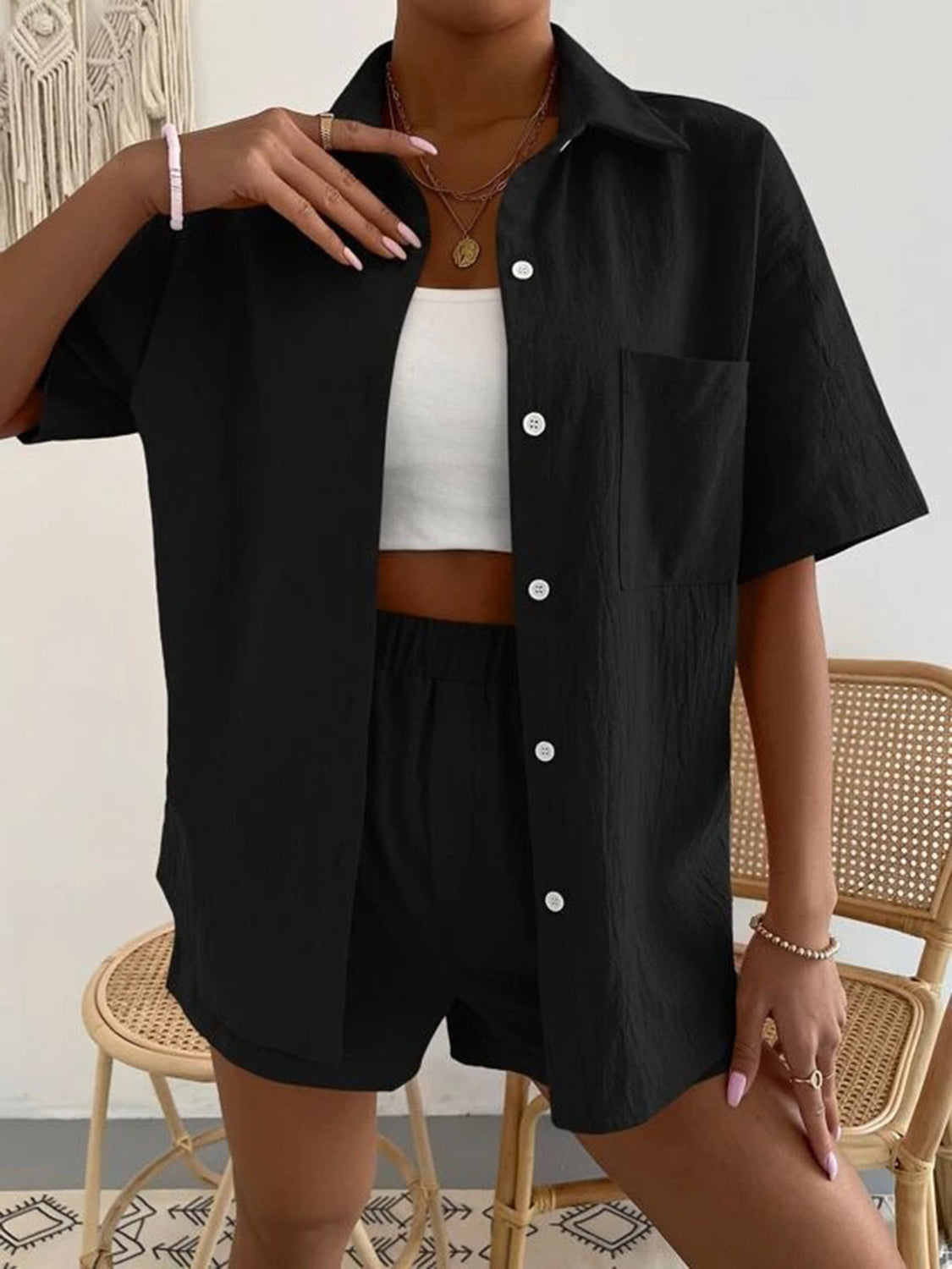 Button Up Short Sleeve Shirt and Shorts Set 