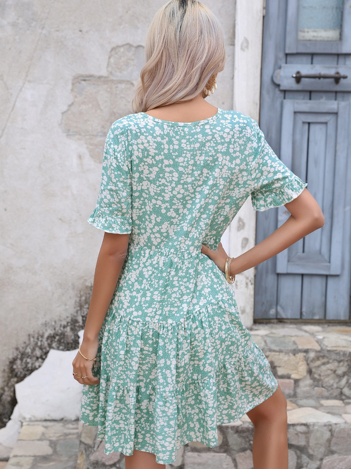 Floral V-Neck Short Sleeve Tiered Dress 